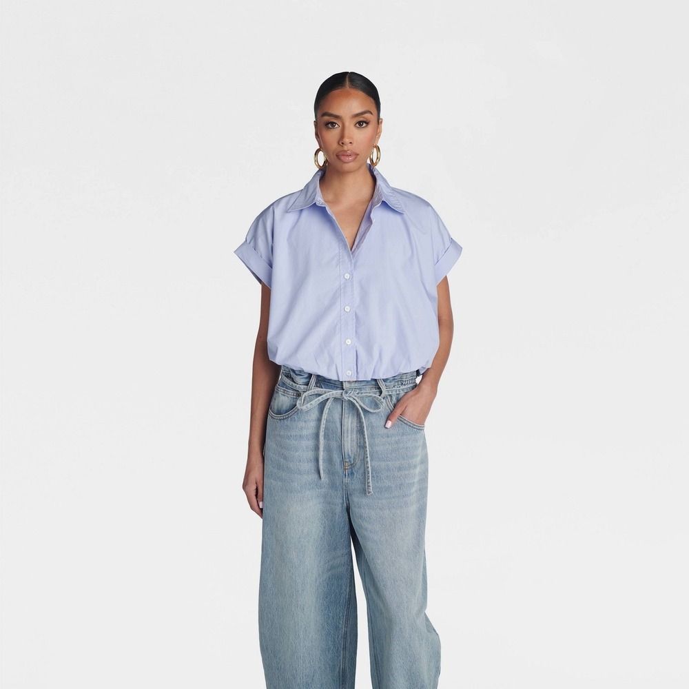 KBB by‎ KAHLANA x Target L Large The Cropped Bubble Shirt Blue Button Down Top